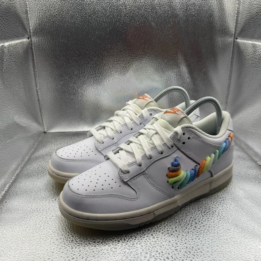 Size 5Y Nike Dunk Low SE Rainbow Lace Swoosh White Kids Sneaker Shoes FN4861-100